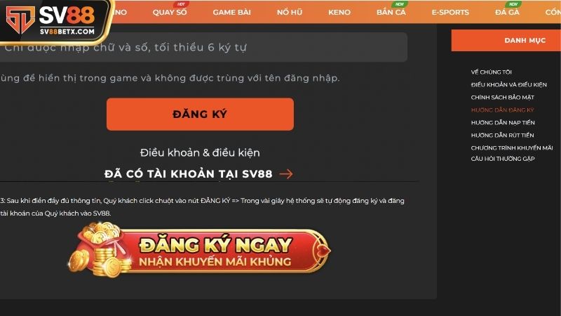 Các thao tác thực hiện đăng ký SV88